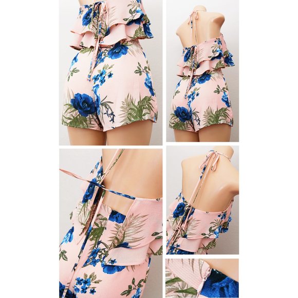 Pink Floral Flounce Ruffle Halter Tie Back Romper - Picture 5 of 8